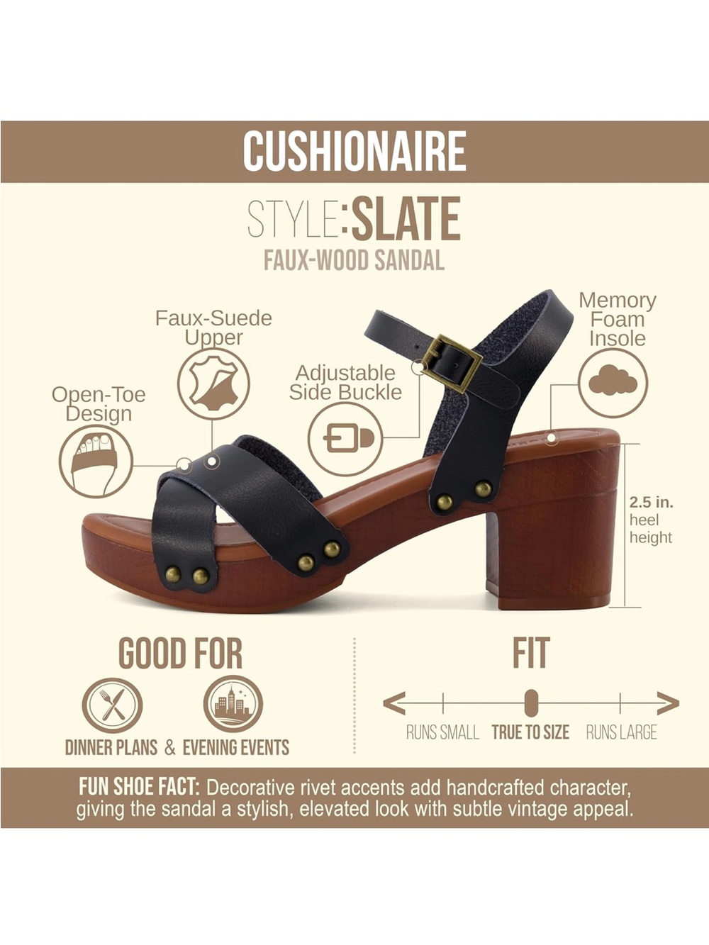 Cushionaire Slate Faux-Wood Black Platform Sandal